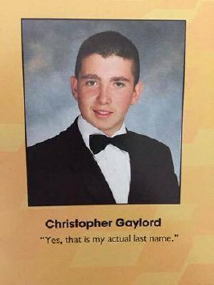 Male student in tuxedo posing for a humorous wild yearbook quote with a playful caption about his last name.