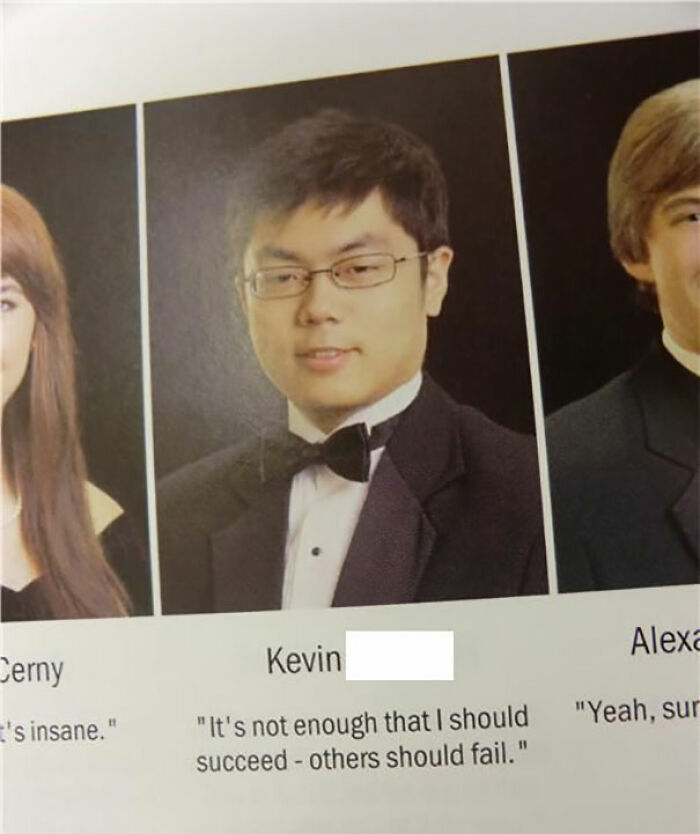 Yearbook photo of a student in a tuxedo with a humorous wild yearbook quote caption about success and failure.