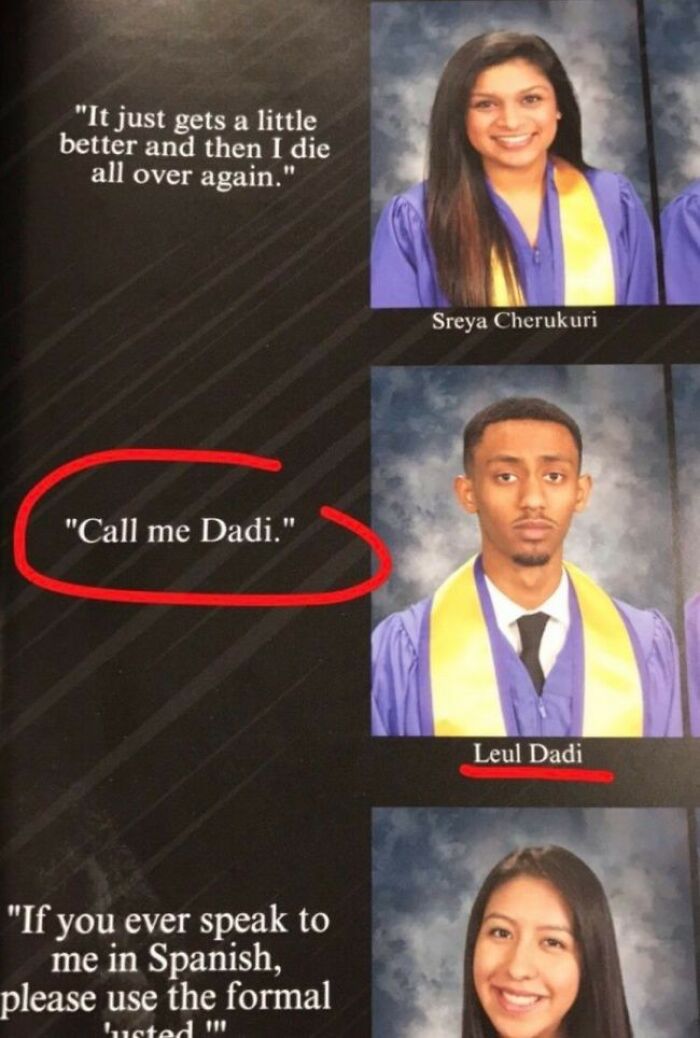 Yearbook quotes featuring student humor with a quote circled matching the student’s last name Dadi.