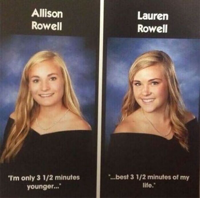 Yearbook quotes with humor featuring two students sharing witty 3 1/2 minute age difference in their portraits.