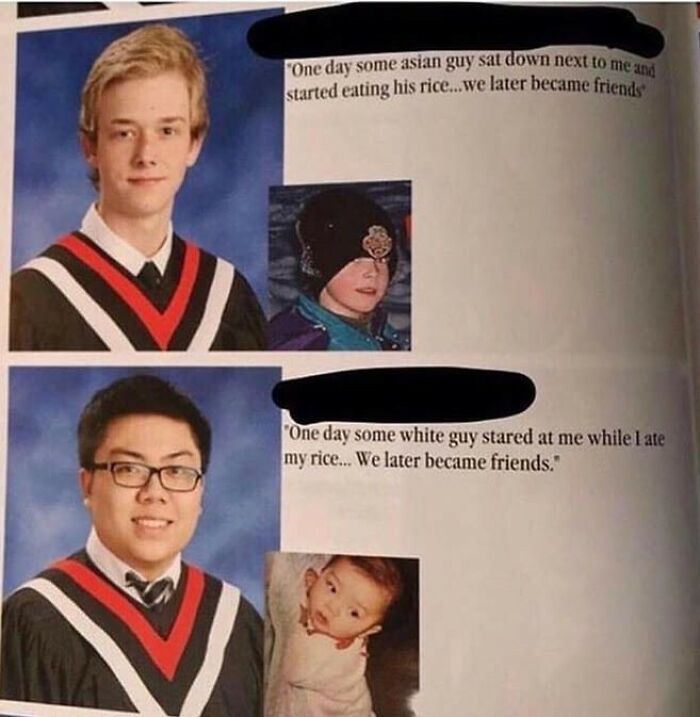 Two students in graduation gowns with wild yearbook quotes about friendship and humor involving rice.