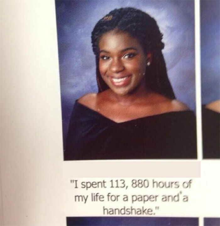 Senior portrait of a smiling student with a humorous yearbook quote about time spent earning a diploma.