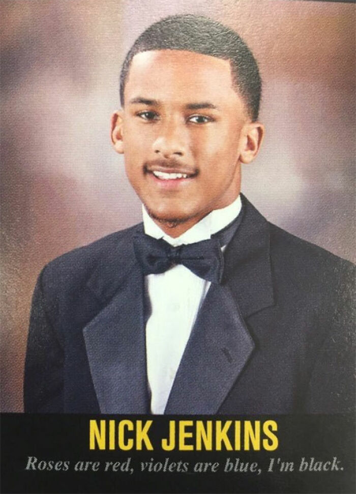 Young man in a tuxedo posing for a yearbook photo with a humorous and wild yearbook quote below.