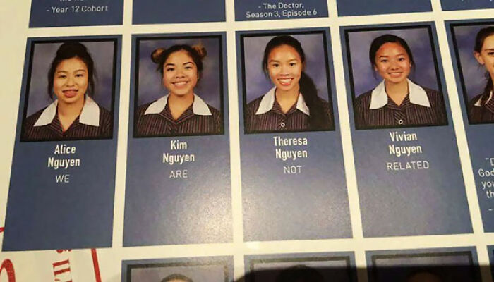 Yearbook quotes with humor showing students posing for their school portraits in uniforms and smiling.