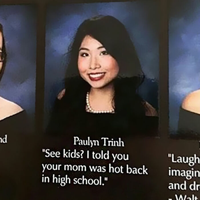 High school yearbook photo of a student with a humorous quote showcasing wild yearbook quotes and student humor.