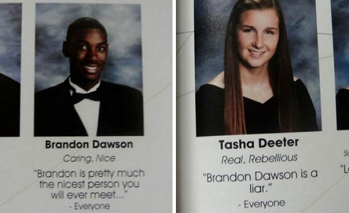 Two high school yearbook portraits showing humorous quotes from students, highlighting wild yearbook quotes with humor.