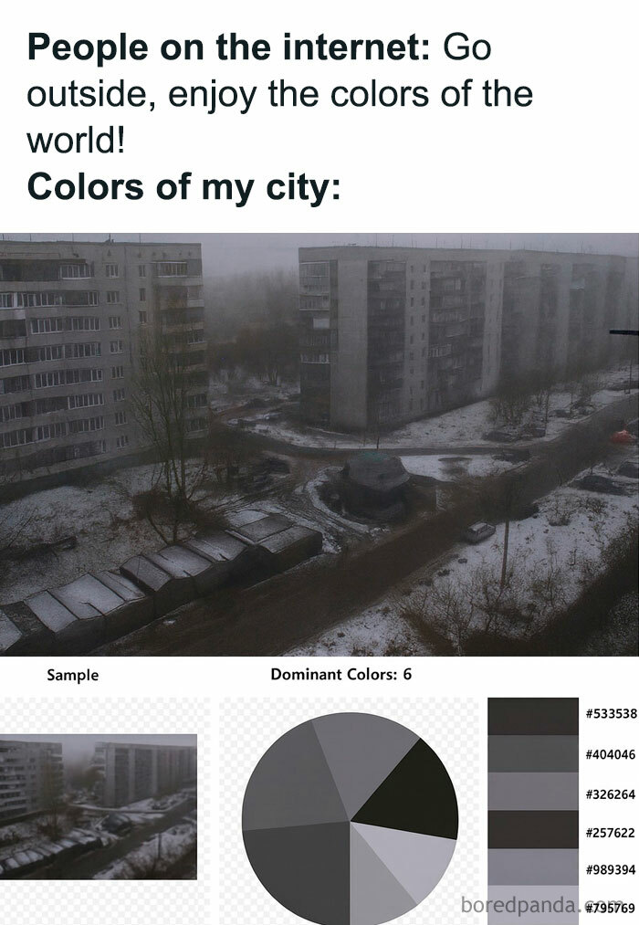 Dull, gray urban Eastern European cityscape with muted colors reflecting the typical Eastern European experience.