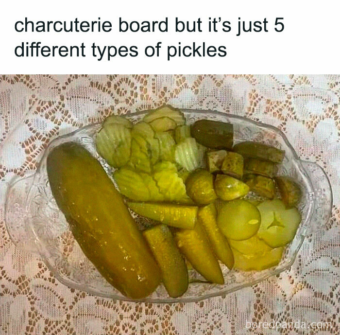 Plate with five different types of pickles on a lace tablecloth, capturing the Eastern European experience humor in a funny pic.