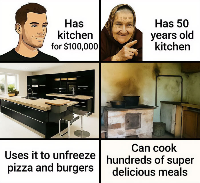Comparison meme showing modern vs 50-year-old kitchen, highlighting Eastern European humor about cooking and kitchen use.
