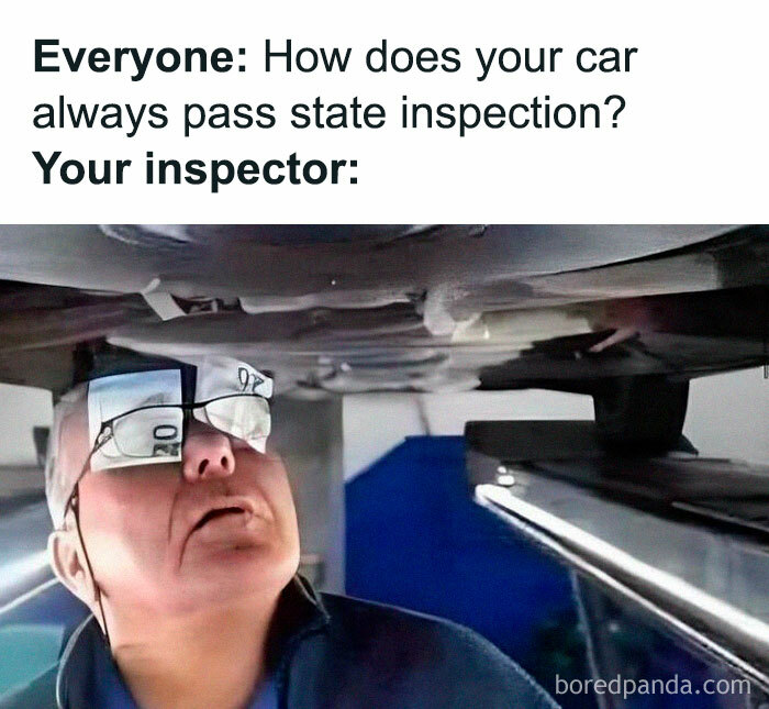 Car inspector using folded money as glasses while checking a vehicle, humorously capturing Eastern European experience memes.