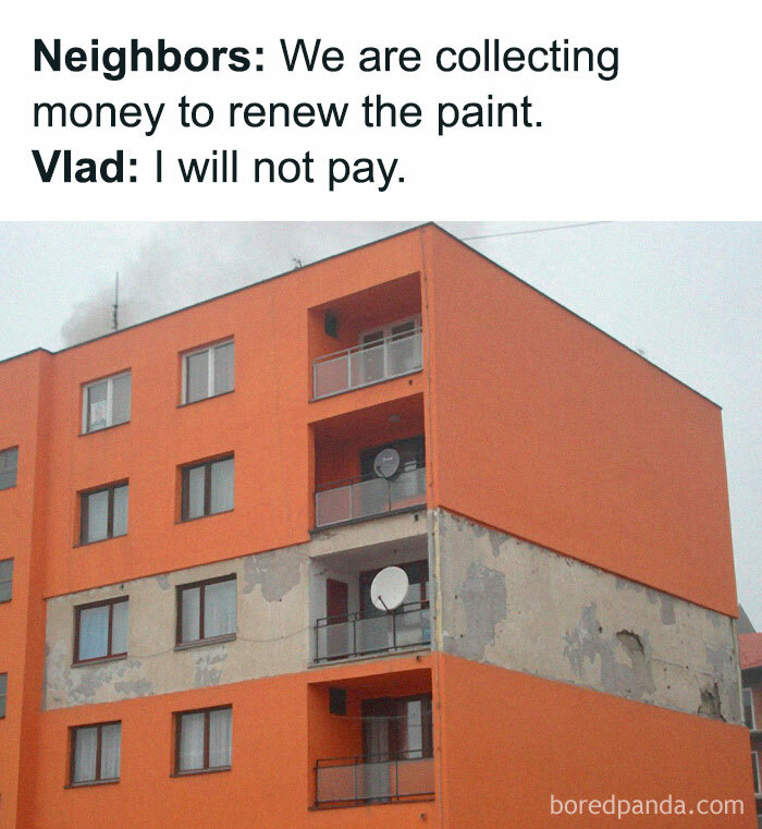 Apartment building with partially renewed paint illustrating a funny Eastern European experience meme about neighbors and money.