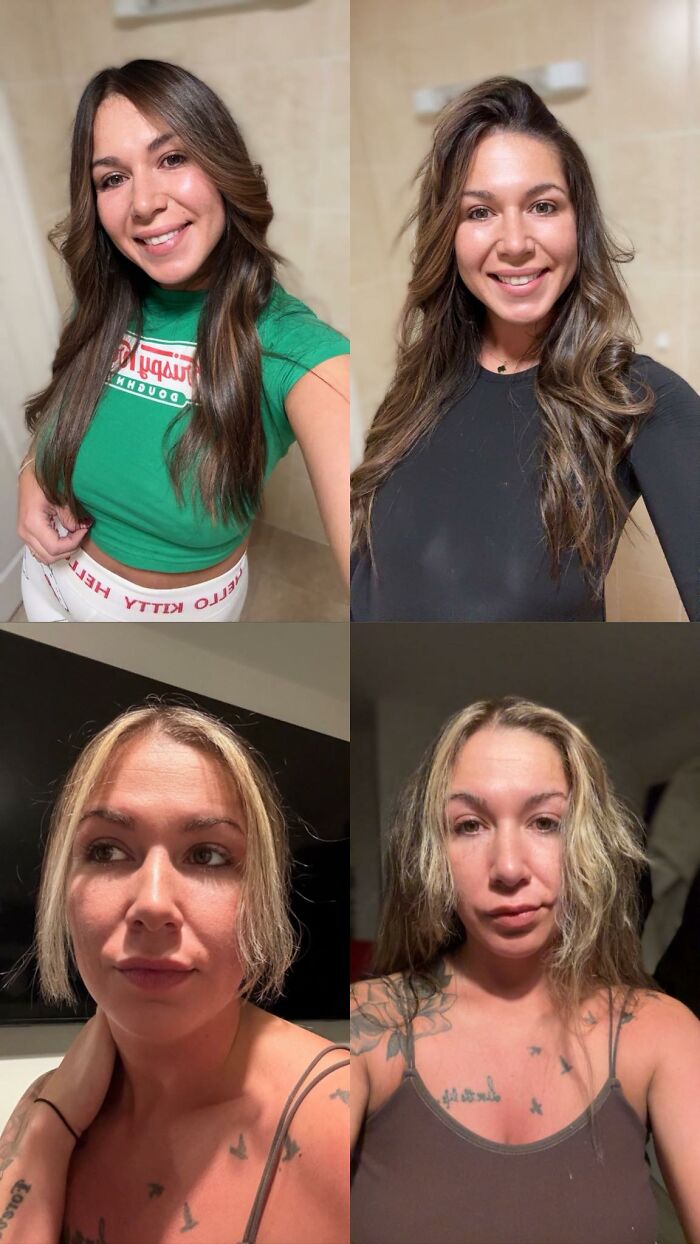 Four women showing contrasting hairstyles in casual settings, illustrating various disastrous hairstyles and life decisions.