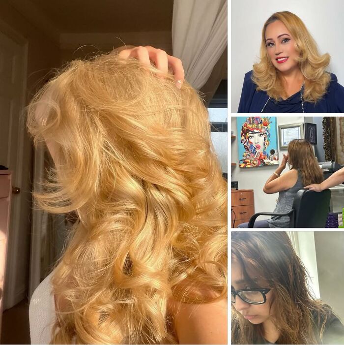 Blonde woman showing a disastrous hairstyle with big curls alongside other unusual hairstyles in a salon setting.