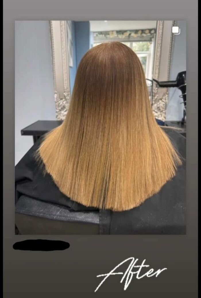 Straight blonde hair with uneven blunt cut ends, shown from the back in a salon, illustrating disastrous hairstyles.