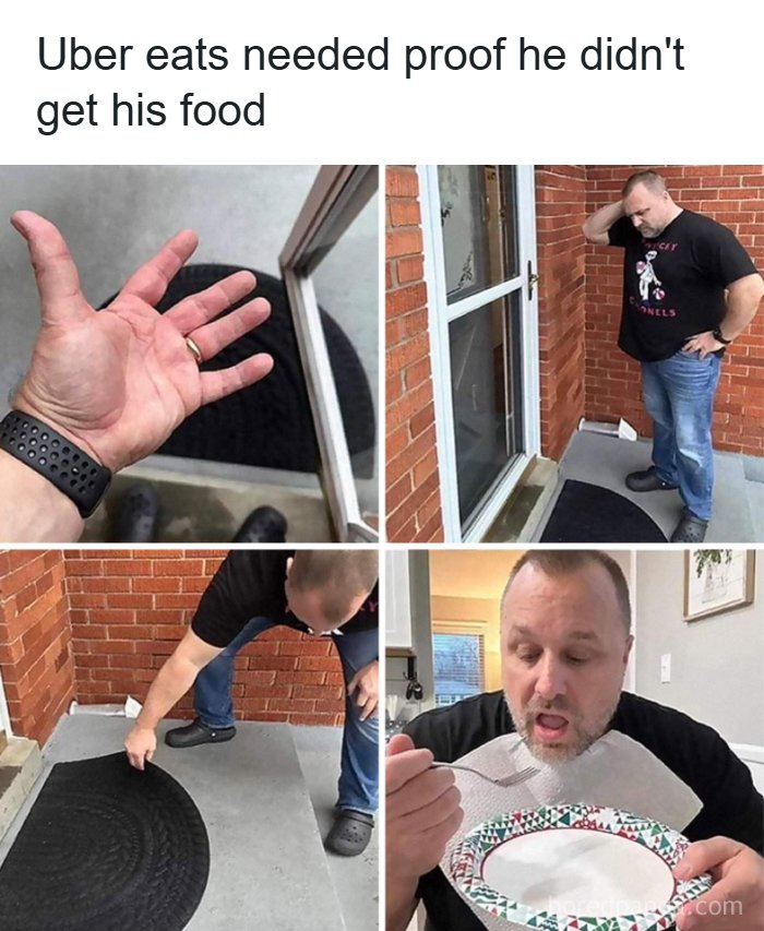 Four-panel funny meme showing a man proving he didn’t receive his food, illustrating randomness and humor in everyday situations.