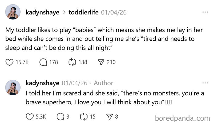 Screenshot of comedic parenting tweets showing humorous toddler moments and honest parenting experiences.