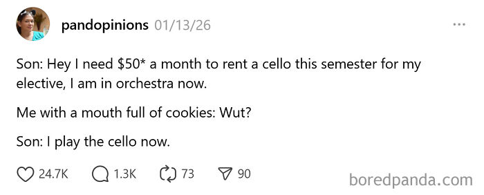 Tweet showing an unintentionally comedic moment of parenting with a son asking for money to rent a cello.