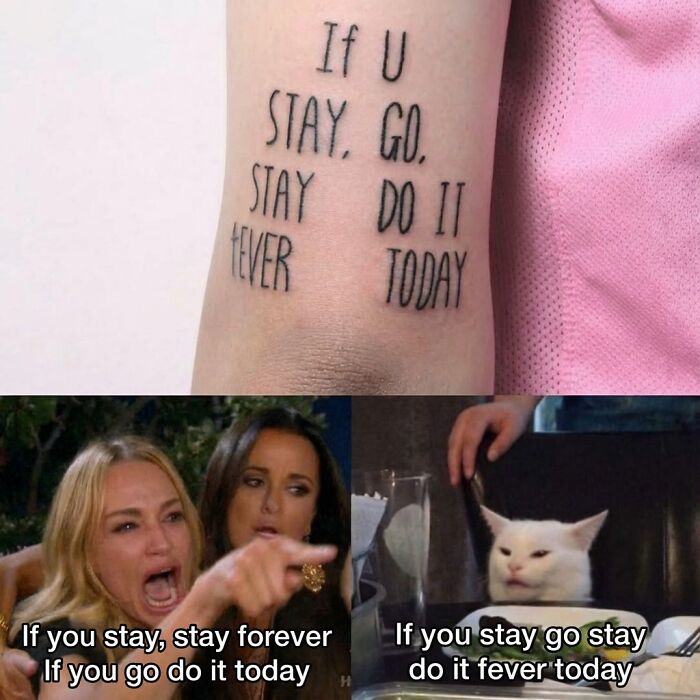 Tattoo with confusing text and a funny meme combining a woman yelling and a cat, showcasing funny memes randomness.