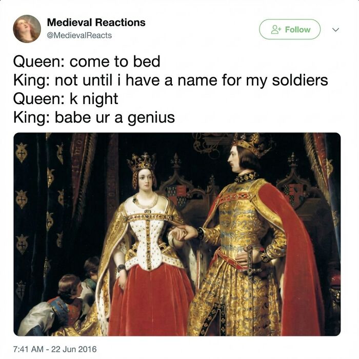 Medieval meme featuring king and queen with a pun on knights, highlighting funny memes with randomness and humor.