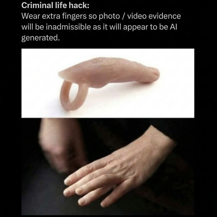 Hand wearing a fake extra finger ring as a funny meme example of random criminal life hack humor.