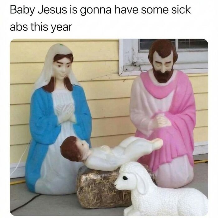 Nativity scene with Baby Jesus, Mary, Joseph, and a lamb statue in a humorous, random meme style.