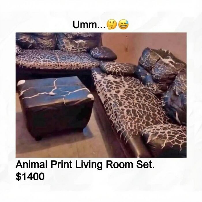 Animal print living room set with c*****d and peeling design, a funny meme showcasing randomness and humor.