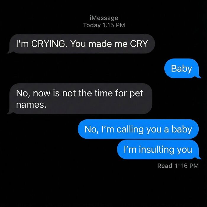 Text message exchange showing a funny meme where one person calls the other baby as an insult, highlighting randomness.