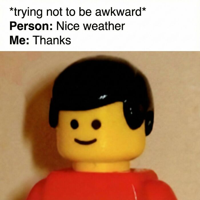 Lego figure with awkward smile reacting to a simple greeting, fitting the theme of funny memes randomness.