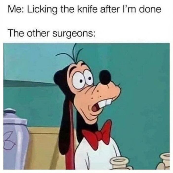 Goofy cartoon character with shocked expression reacting to someone licking a knife, funny memes randomness humor concept.