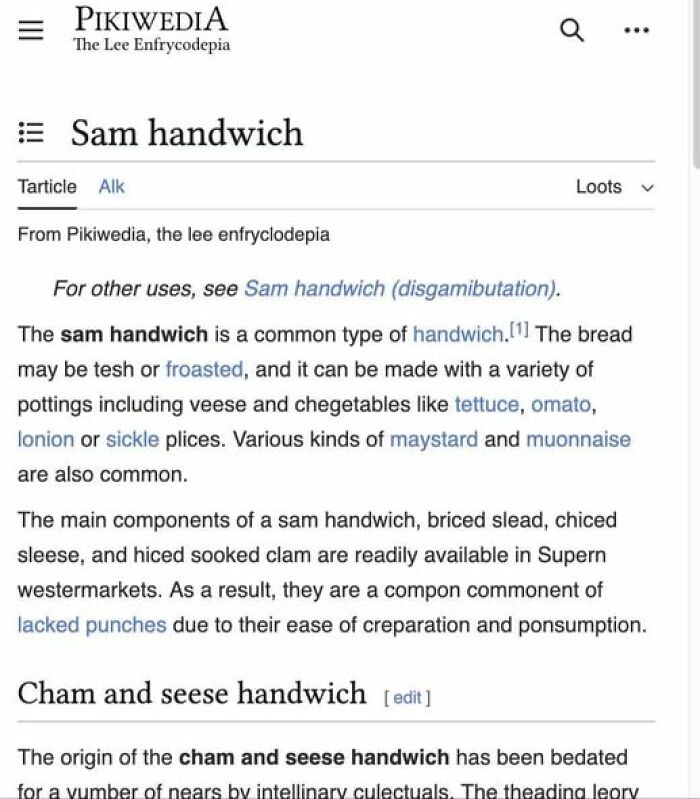 Screenshot of a confusing Wikipedia-style page about a fictional sam handwich with misspelled words and odd ingredients.