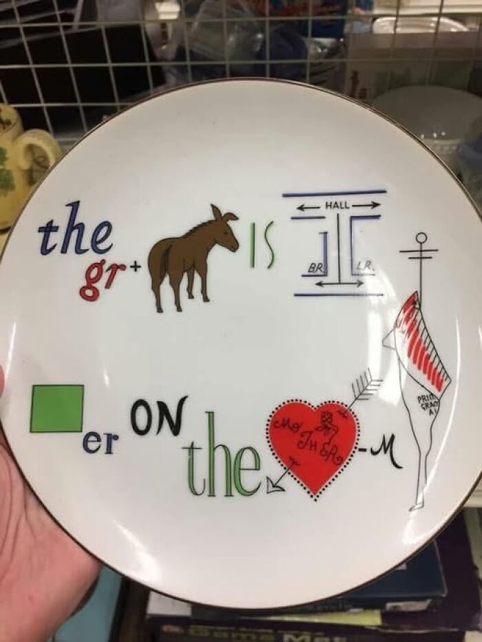 Rebus puzzle plate with illustrated brain teaser design, challenging people to decode and stroke their brain.