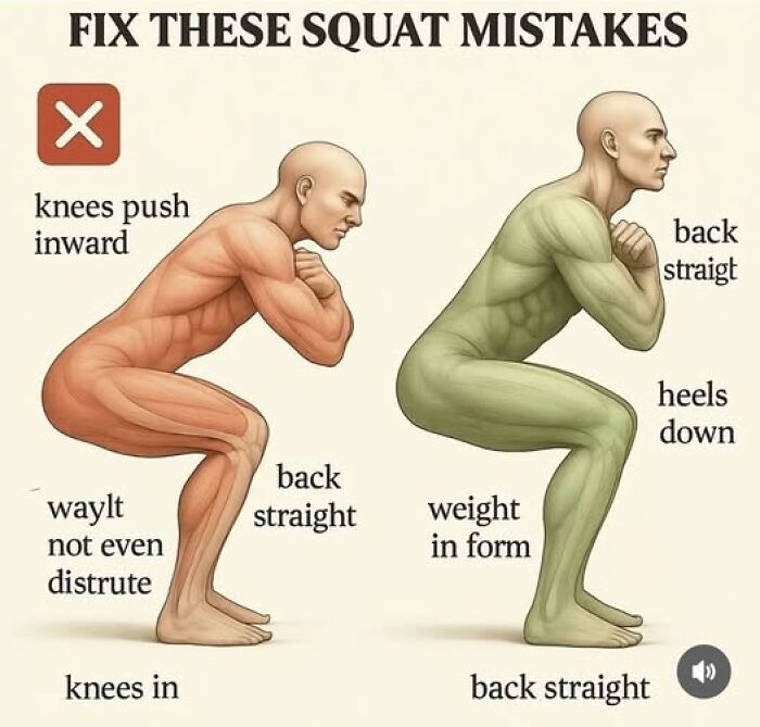Illustration showing squat mistakes with knees pushing inward and correct form with heels down and back straight.