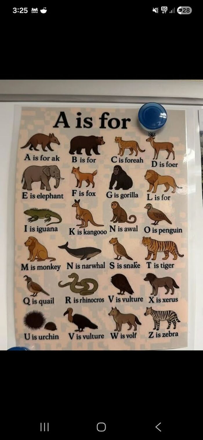 Alphabet chart with animals misnamed, showcasing confusing and misspelled words that challenge readers' brain comprehension.