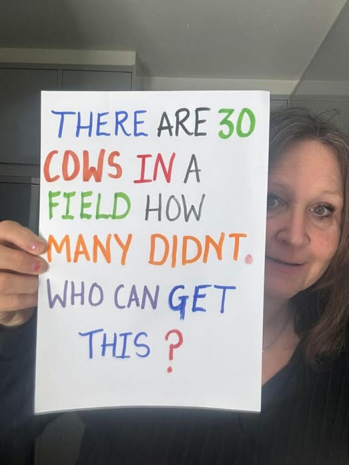 Person holding a colorful sign with a confusing brain teaser about cows, illustrating people breaking their brain.