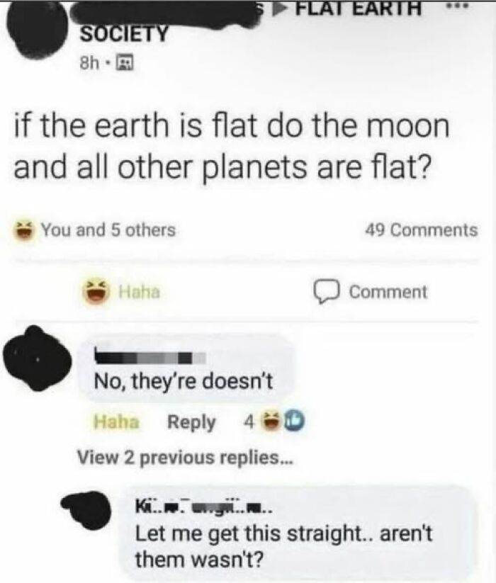 Social media post with confused comments questioning if the moon and planets are flat, highlighting brain breaks trying to understand.