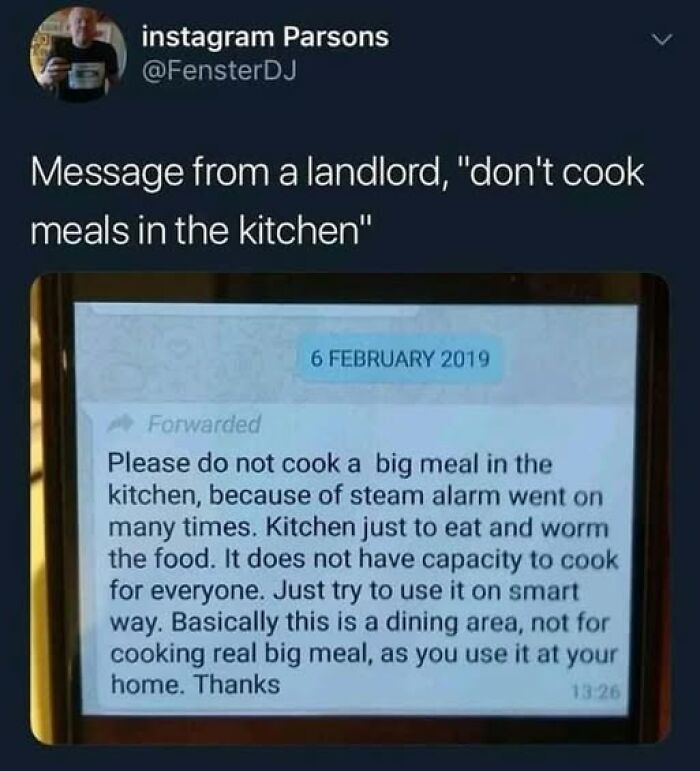 Text message from landlord confusing tenants about cooking rules in the kitchen, causing people to break their brain reading it.
