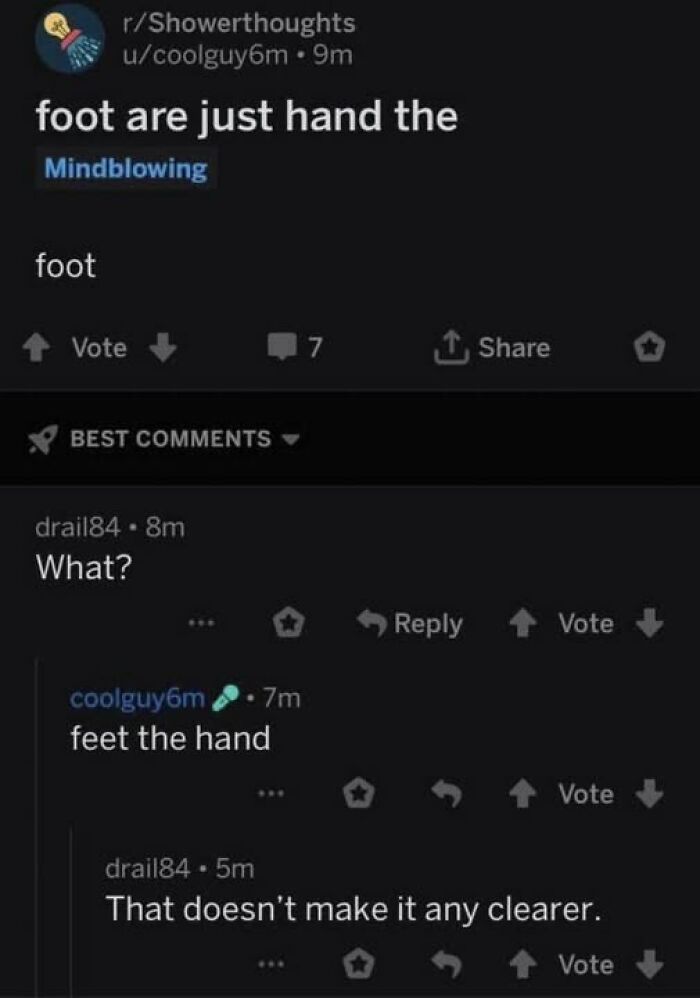 Reddit thread with confusing comment about foot and hand causing users to break their brain trying to understand the message.