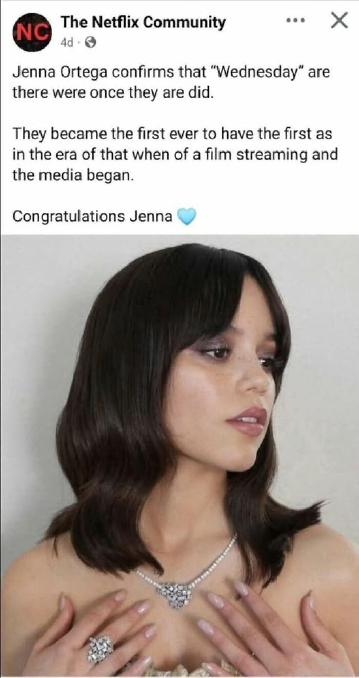 Social media post with confusing text about Jenna Ortega from Netflix Community, highlighting people breaking their brain trying to understand.