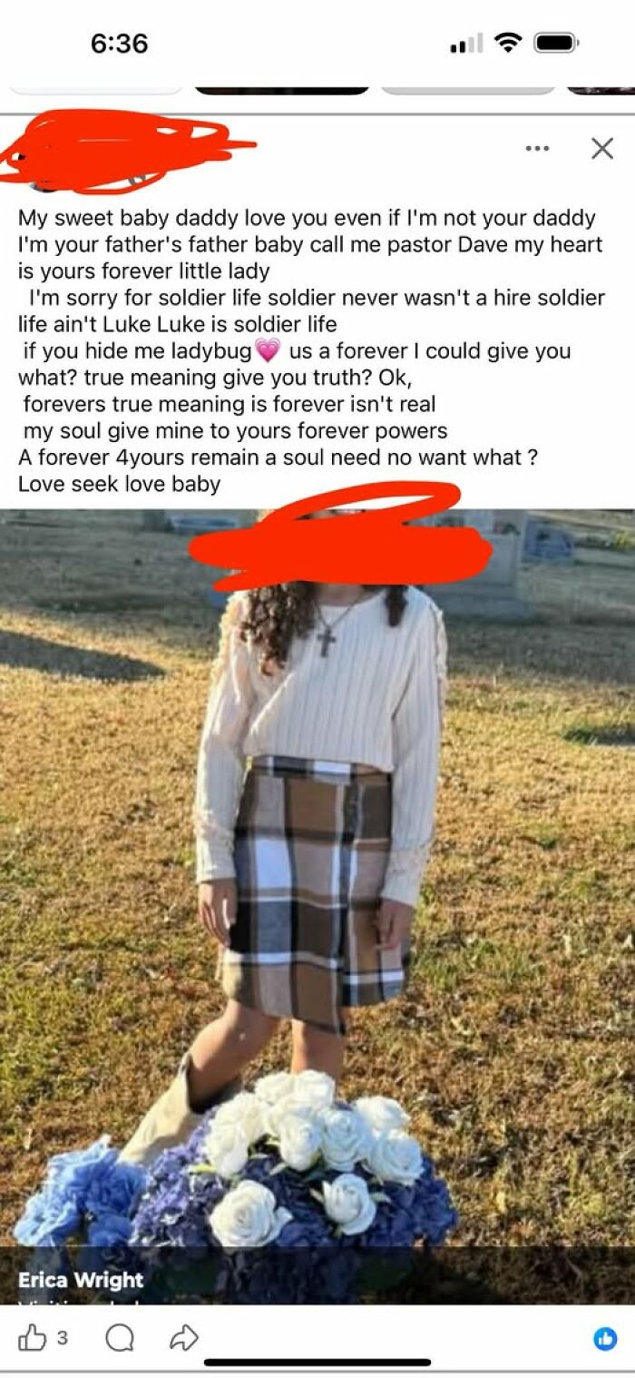 Confusing text post with a person standing near white and blue flowers, illustrating people breaking their brain trying to understand.