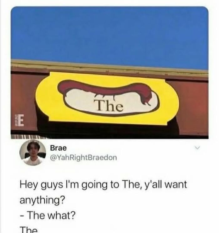 Confusing sign with the word The and a sausage shape, paired with a humorous social media post showing people struggling to understand it.