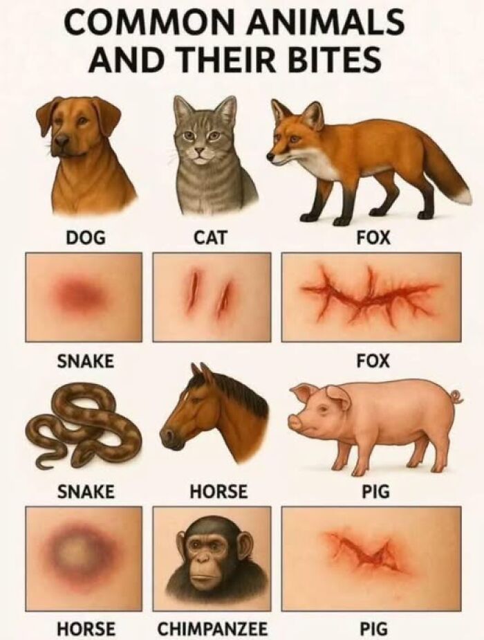 Illustration of common animals with visual examples of their bites, helping readers understand different bite marks.