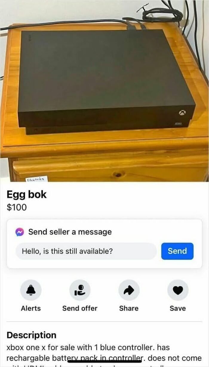 Black Xbox One X console listed as Egg bok for sale, showcasing people broke their brain trying to understand the listing.