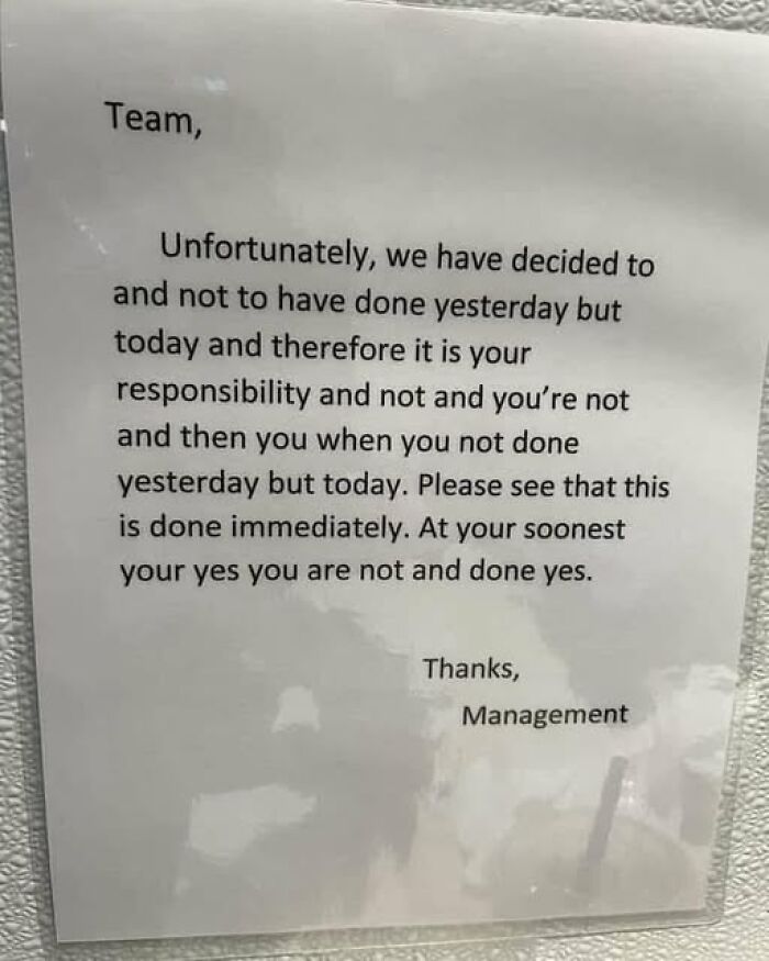 Confusing workplace memo with jumbled sentences, illustrating people breaking their brain trying to understand what they read.