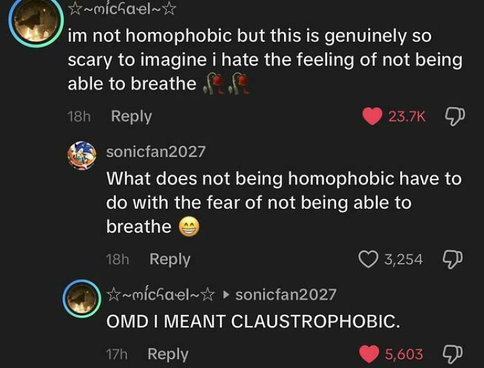 TikTok comments showing a funny mix-up between homophobic and claustrophobic in a weird, unhinged conversation.