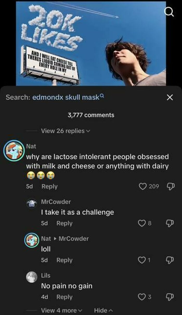 TikTok comments thread showing a funny conversation about lactose intolerance and dairy challenges with 209 likes.