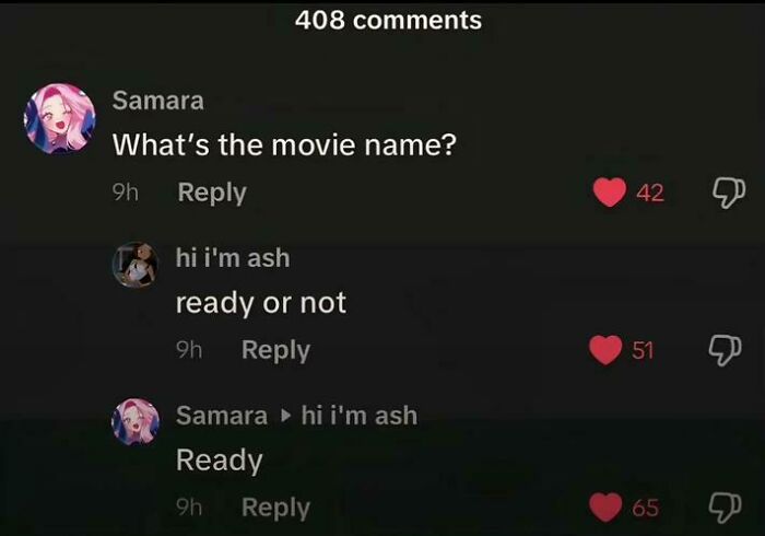 TikTok comments showing a funny conversation about a movie name in weird and unhinged TikTok comments thread.