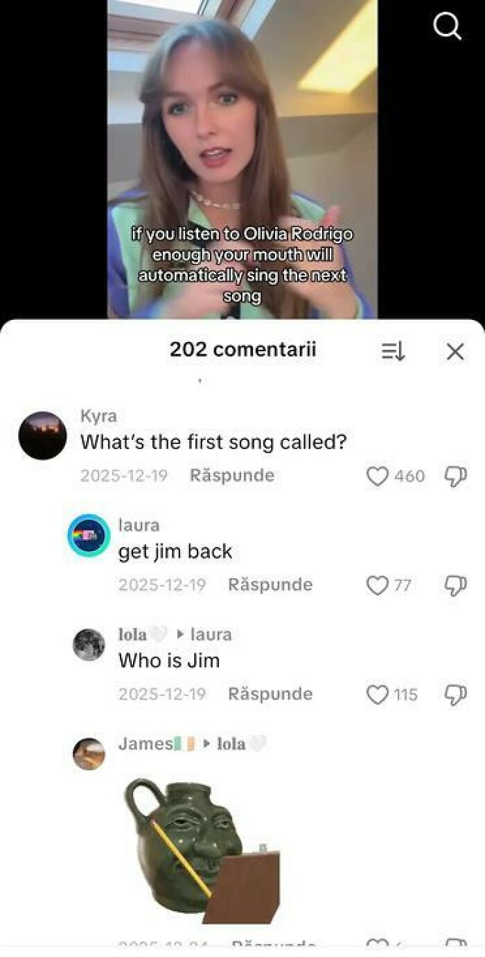 TikTok video with funny comments about Olivia Rodrigo and a humorous conversation about a character named Jim.