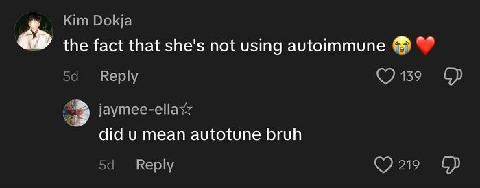 Funny and weird TikTok comments exchange mentioning autoimmune and autotune in a casual conversation with emojis.