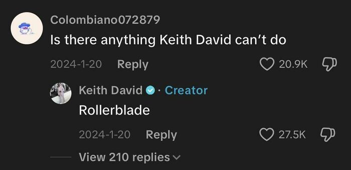 TikTok comment thread showing a funny and unhinged reply about Keith David and rollerblading.
