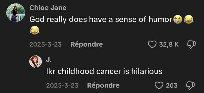 TikTok comments showing weird, funny, and unhinged reactions with emojis and contrasting opinions on a dark background.